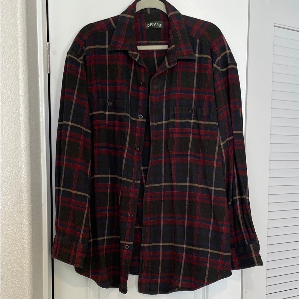 Orvis Men's Casual Plaid Shirt - Red, Blue, Black and Tan 100% cotton.